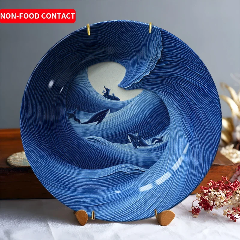 1pc Surfer Art Ceramic Decorative Plate Hand-painted Wave Landscape Home Ornament Wall Hanging Plate Decoration Non-food