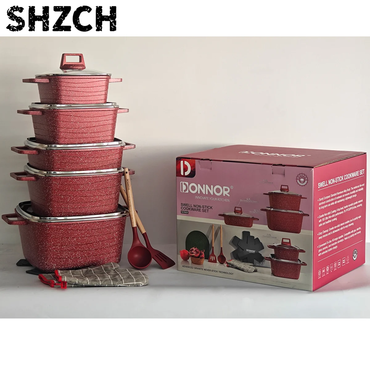 Donnor Square Eco-Friendly Granite Non-Stick Cookware Set Die-Cast Aluminum for Gas Induction Heating for Home Cooking