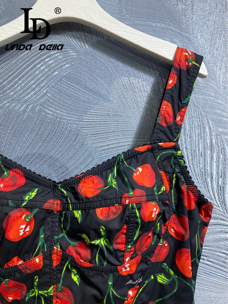 LD LINDA DELLA 2023 Fashion Runway Beach Wind Sexy Top Women's Pure Real silk Suspender Fruit Print close-fitting Top