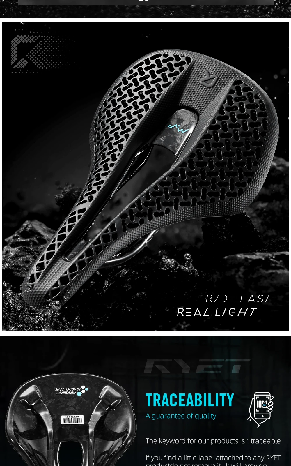 RYET Carbon 3D Gedruckt Fahrrad Sattel 140mm Ultraleicht Rennrad MTB Racing Sättel Fahrrad Sitz Teile Kissen Radfahren Fahrrad Zubehör – Detail 2