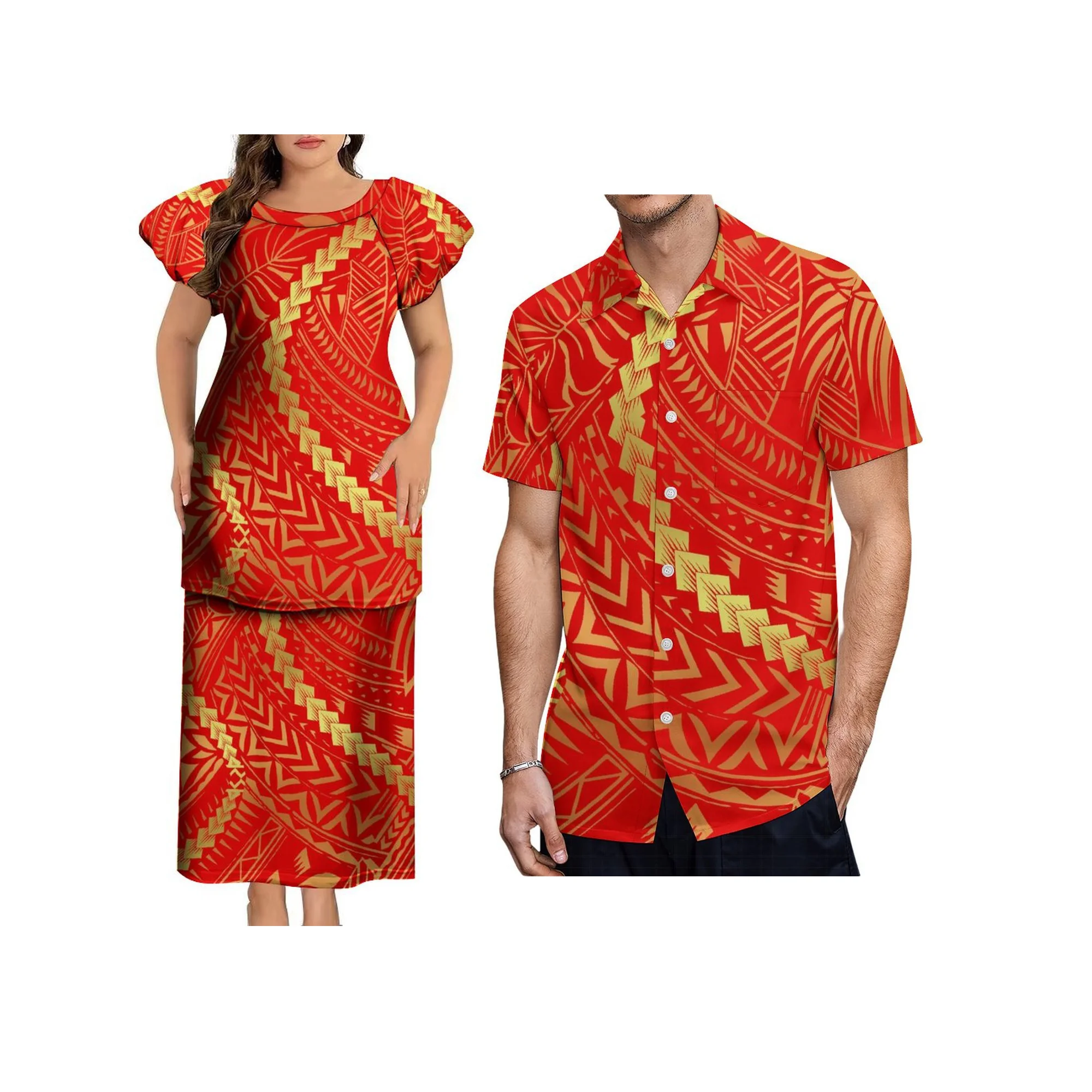 

Hot Sale Customized Samoa Polynesian Tribal Print Crew Neck Puff Sleeve Samoan Puletasi Set Ladies 2 Piece Sets Dress