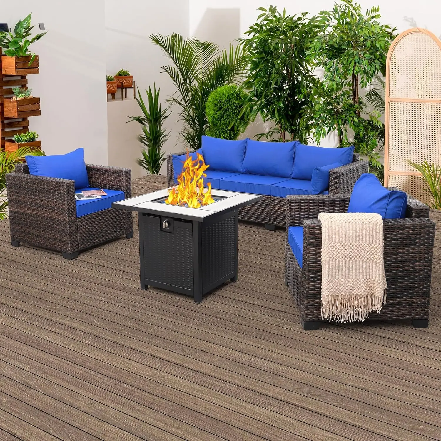 Rattan Furniture Set Outdoor PE Wicker Conversation Couch,  Sofa Couch with Fire Pit Table Non-Slip and Washable Royal