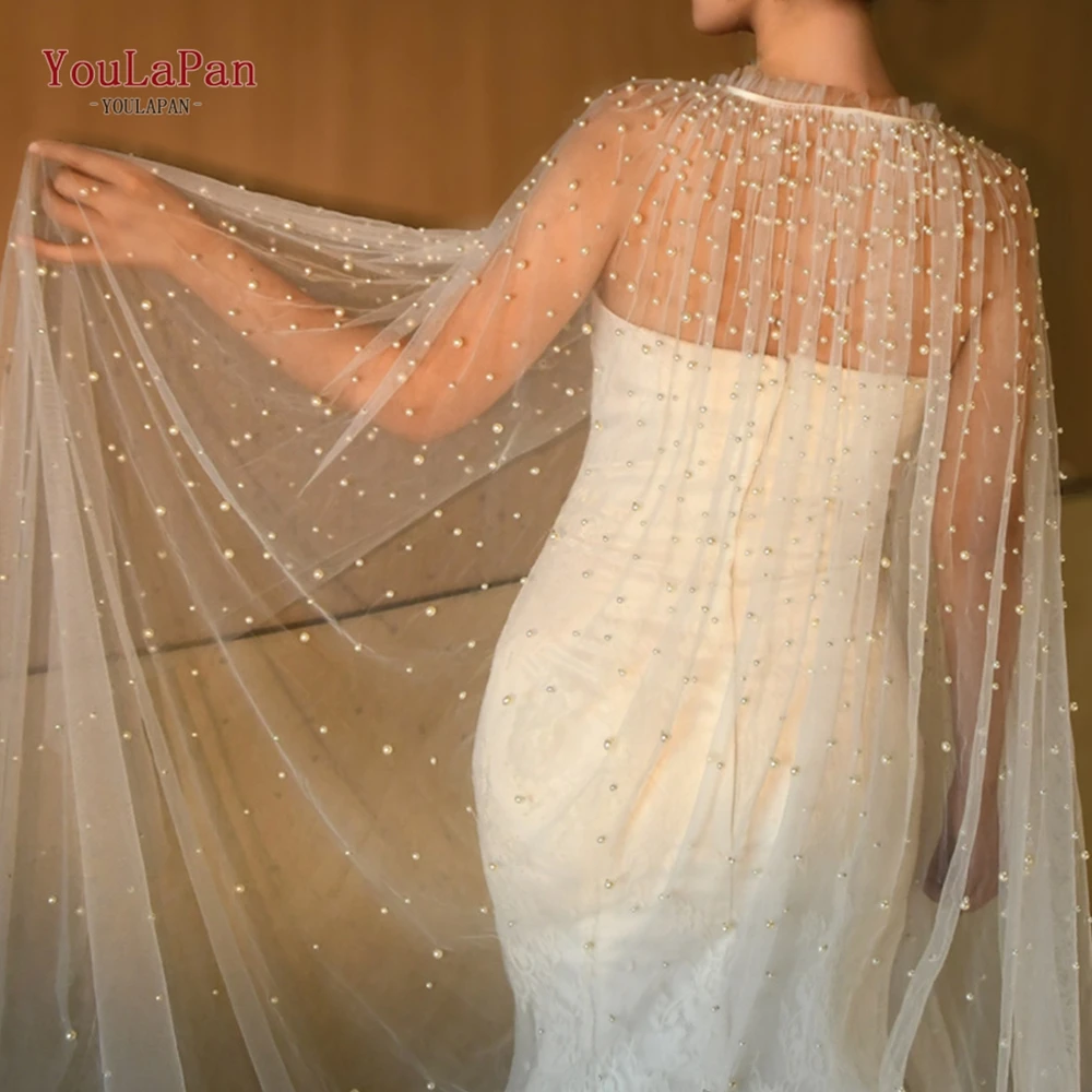 YouLaPan Cape Veil New Shawl Tulle Wraps Pearls Wedding Shawl High Quality Button Back Cheap Shawls Free Shipping DIYBolero vg02