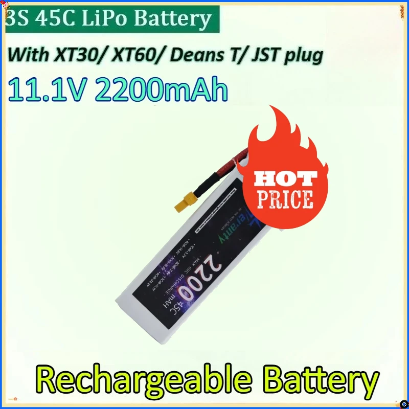 

With XT30 XT60 Deans T JST Plug Connector LiPo Battery New 11.1V 2200mAh 3S 45C for RC Car FPV Drones Boats Helicopters Vehicles