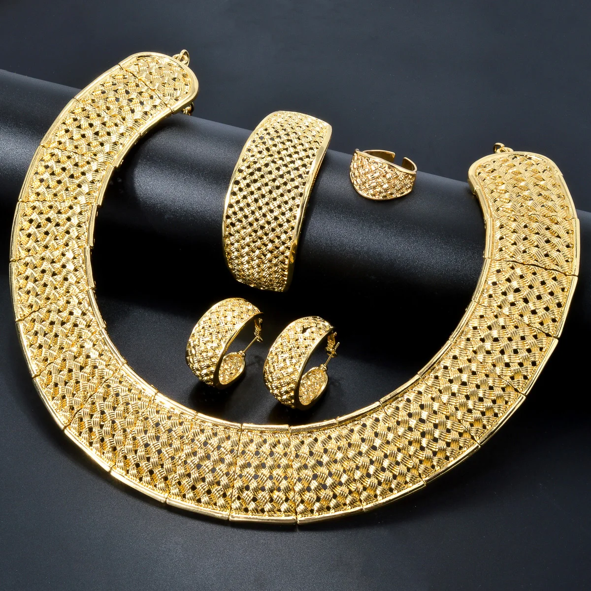 ZeaDear Dubai Wide Big Jewelry Set For Bridal Wedding Gift Luxury 18K Gold Color Choker Necklace Earring Ring Bracelet For Women