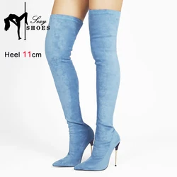 Women Pointed Toe Over The Knee Boots Blue Suede Large Size High Heels Autumn Party Female Shoes Nightclub Slim Thigh High Boots