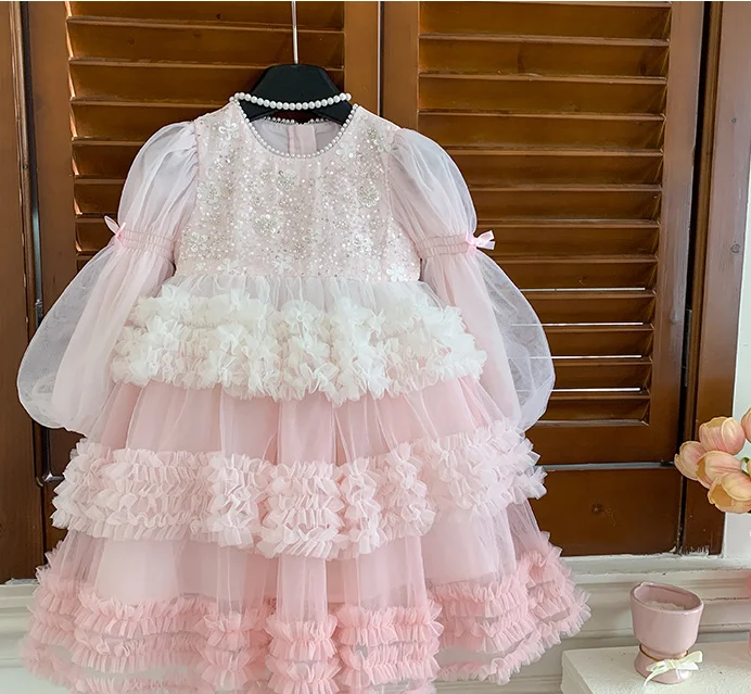 New Baby Fall Long Sleeve  Sequined Mesh Tutu Dress, Princess Kids Fashion Party Dresses 3-8 T