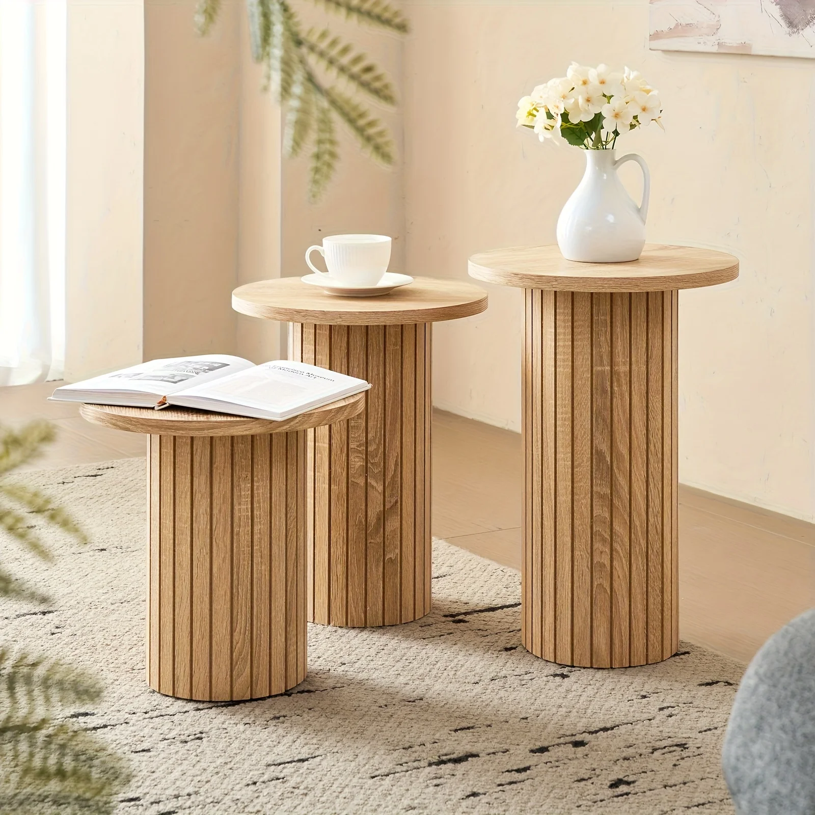 

3pcs Modern Nesting Coffee Table Set | Space-Saving Fluted Drum Base Side Tables for Living Room, Bedroom, Apartment Small Space