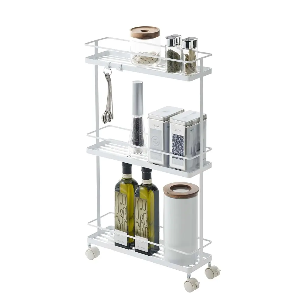 

Home Rolling Kitchen Island Three Tier Metal Storage Cart - Portable Organizer Shelves Utility Cart Steel One Size White