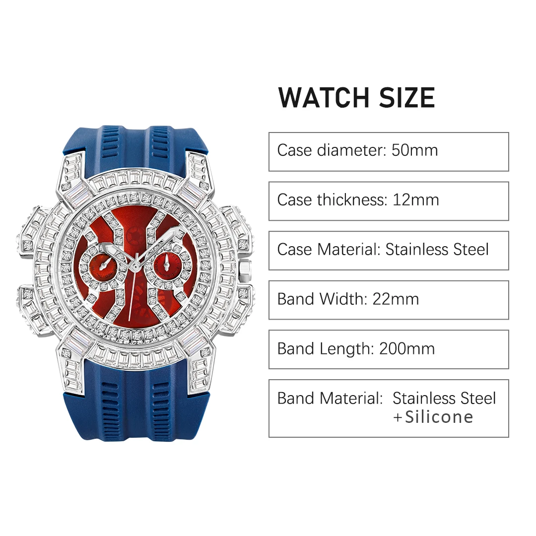 Big Face Watch For Man Luxury Sport Special Style Buguette Large Case Quartz Watches With Blue Slicone Strap Summer Accessories