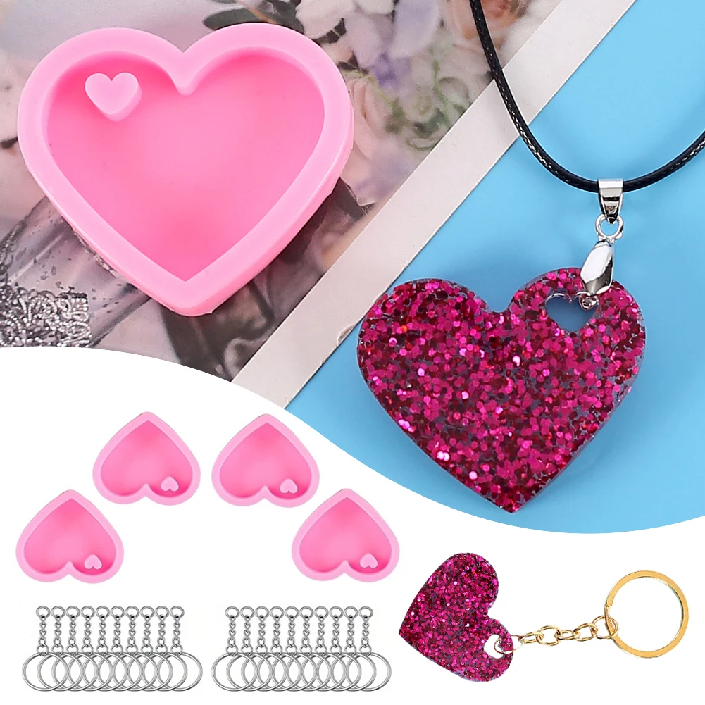 24pcs Keyrings Silicone Mold Washable Heart-Shaped Keyrings Making Mold For DIY Epoxy Resin Key Chain Ring Jeweley Pendants