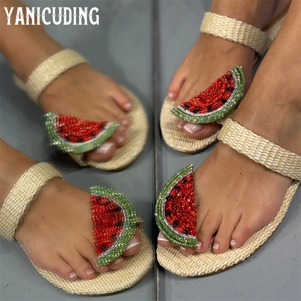 

Плетеные соломенные тапочки со стразами, летняя обувь ручной работы из натурального материала, роскошные новые женские тапочки с кристаллами арбуза