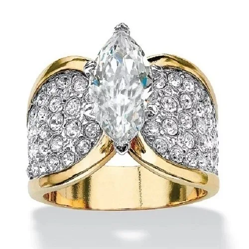 Hot New S925 Sterling Silver Women s Ring 18K Gold Plated Two Tone Design With Full Pave Marquise Zircon Chic Gift For Women