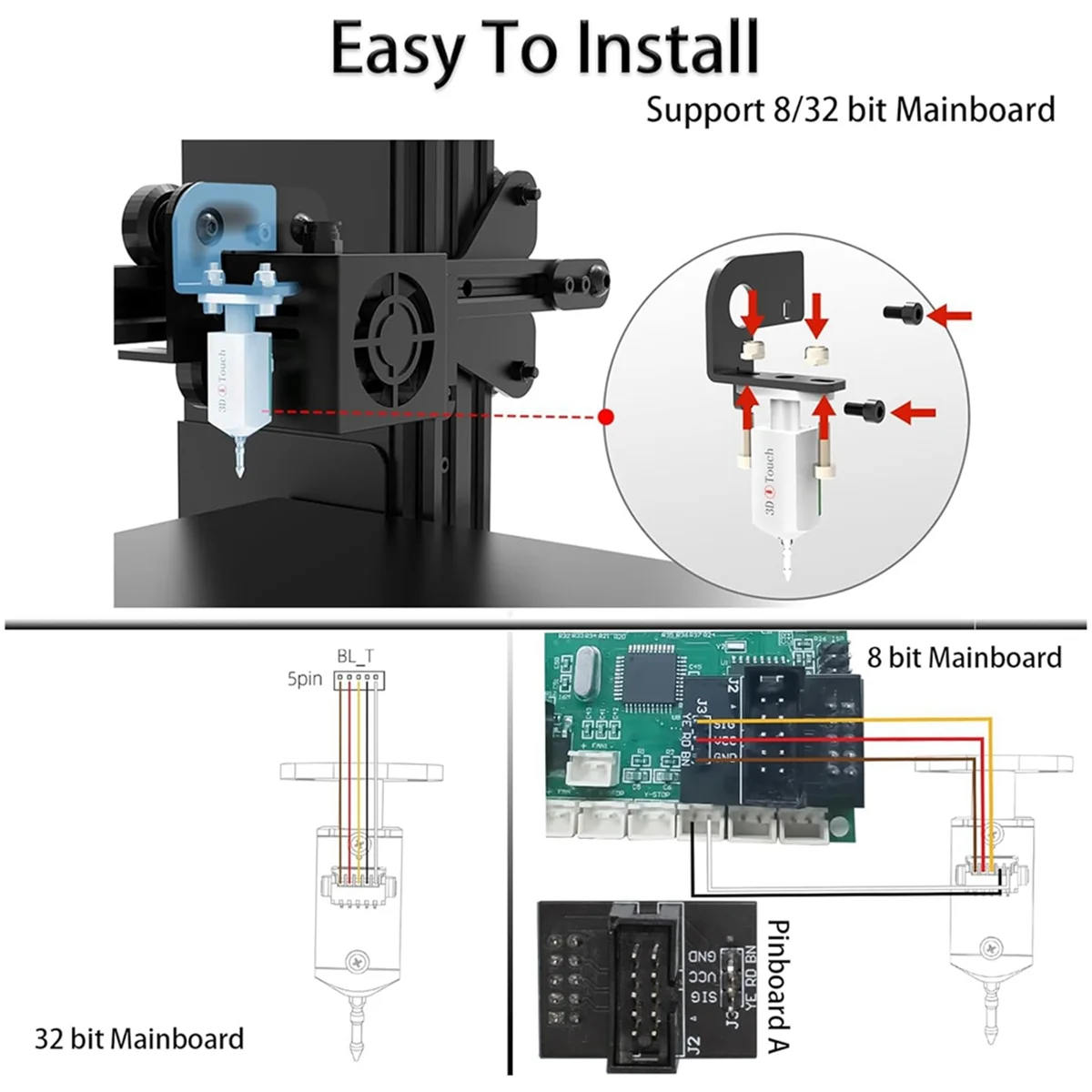 Upgrade BL- Touch V3.2 Auto Bed Leveling Sensor with 4 Brackets BL - Touch Kit for 8 or 32 Bit Motherboard