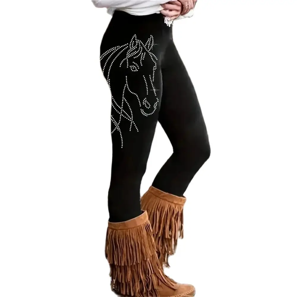 Horse-head print elastic elastic waist slim casual leggings for women