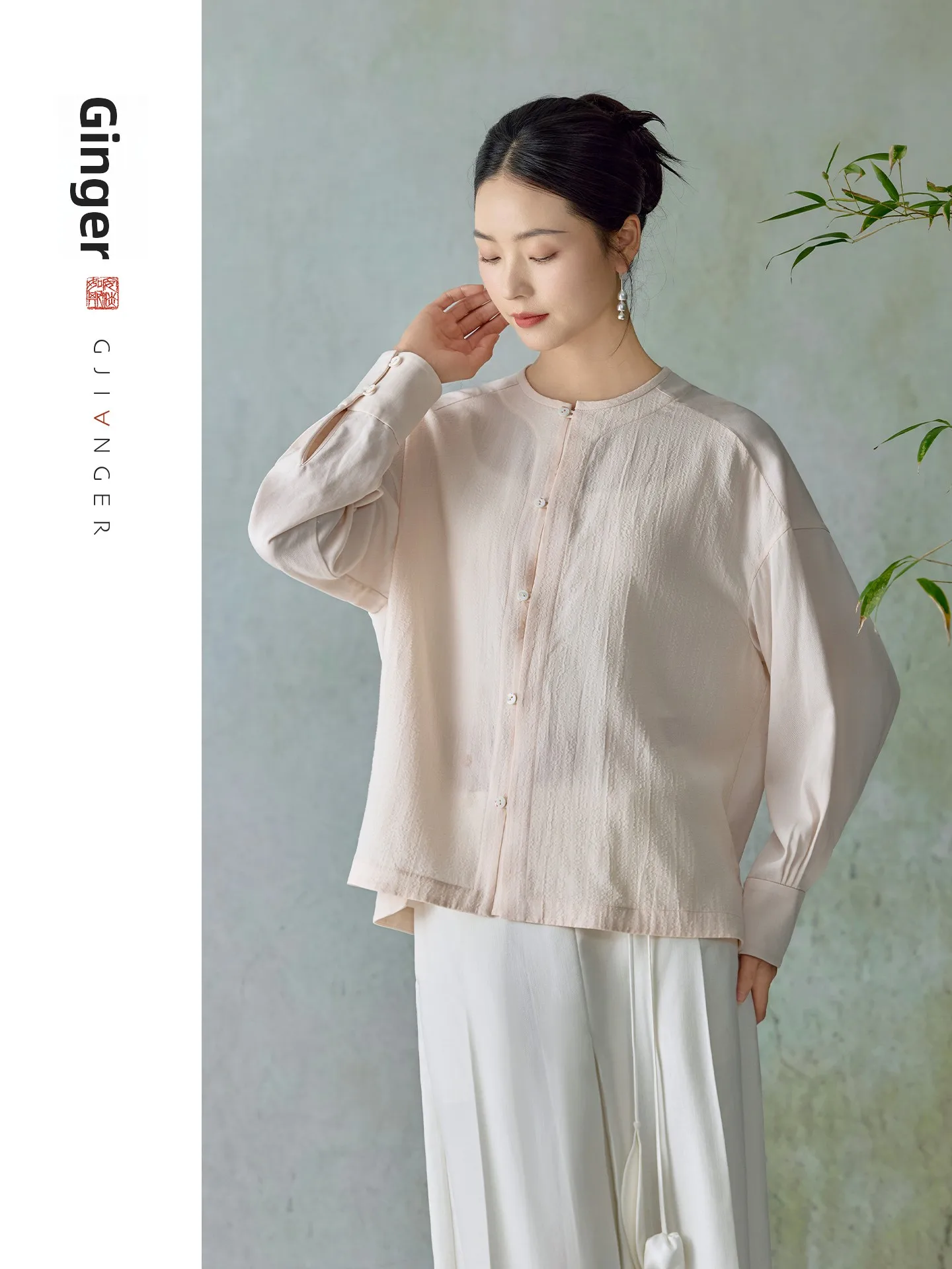 

Original Chinese Sle irt round Ne Middle Button New Spring 2026 Women's Loose Fit Long Sve Breathable Lenzing Fabric