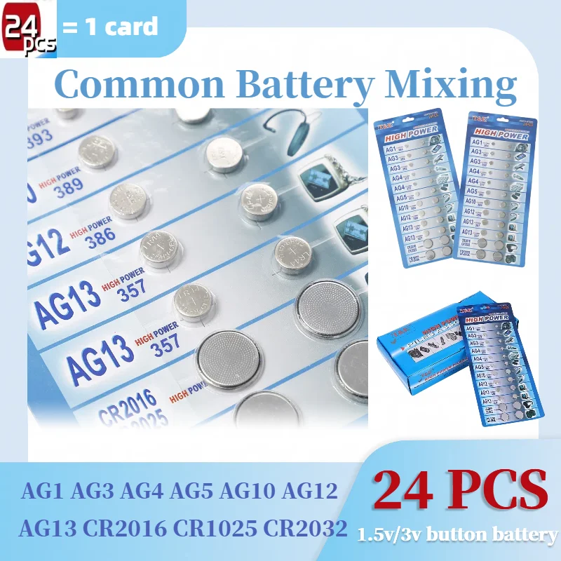 

24PCS 1.55V CR2032 CR2016 Batteries AG13 AG10 LR44 L AG1 AG3 AG4 SR44 Button Batteries A76 LR1154 Cell Coin Watch Toys Remote