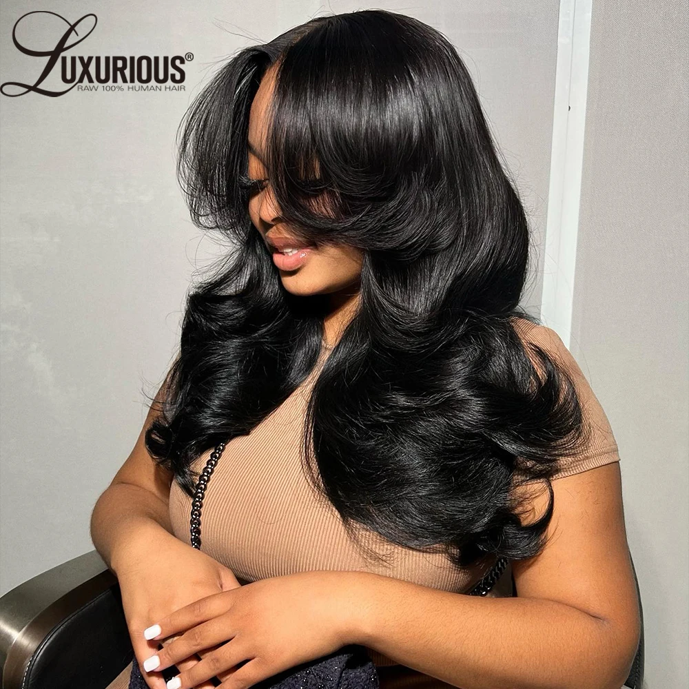 Glueless 360 Lace Wig Human Hair Blow-out  Layered Human Hair Wig Natural Black Color Wear And Go Human Hair Wig Preplucked 250%