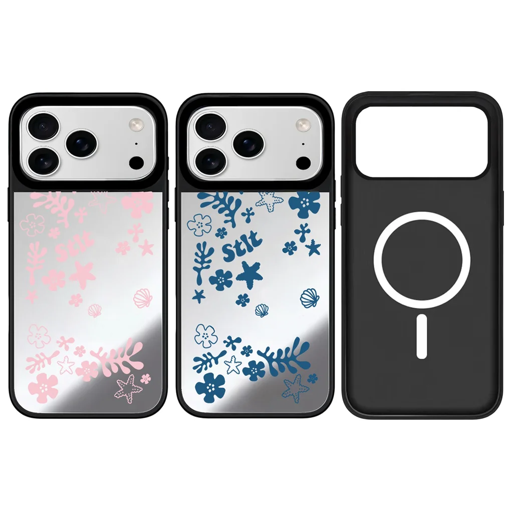 

Cartoon Leaf Flower Mirror Surface Black Border Magnetic Phone Case for IPhone 17 16 15 14 13 12 Pro Max Cover