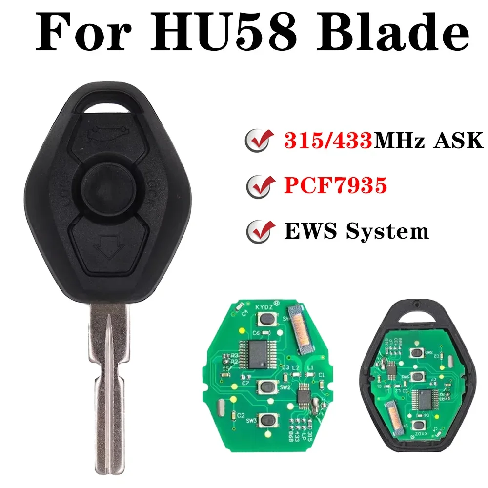 For 2000 2001 2002 2003 E38 E39 E46 BMW Z Z3 3 5 6 7 Series EWS System Remote Key 3 Buttons HU58 Blade 7935 Chip ID44