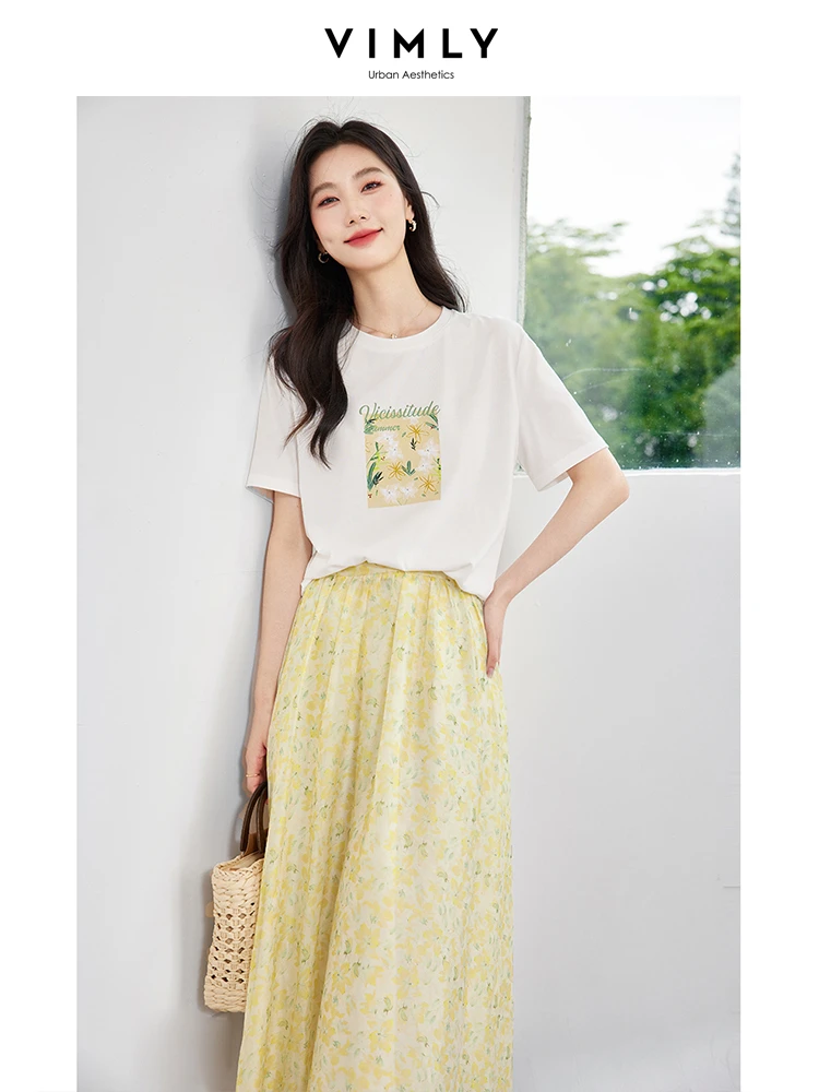 VIMLY Women\'s Korean Fashion T-shirt Skirt Set Summer Causal Printed Short Sleeve T-Shirt+Floral Elastic Waist Skirt Outfits