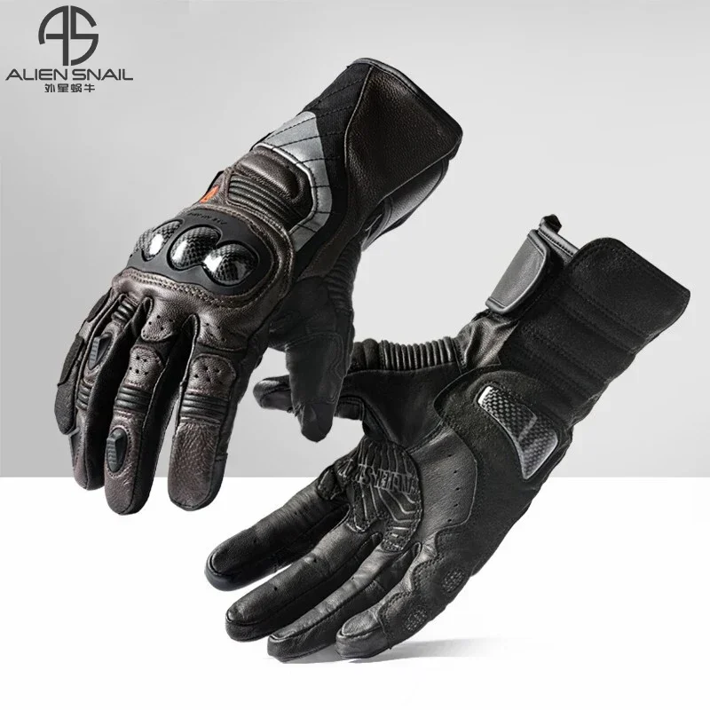 Alien Snail Motorcycle Sheepskin Gloves Full Fingerr Carbon Fiber Shell Anti-fall Touch Screen Knight Gloves Waterproof Warm