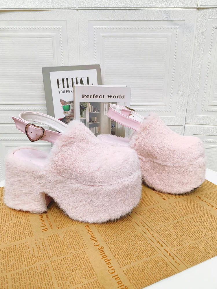2025 New Product Lolita Punk Baotou Simple Sponge Cake Thick Bottom Hairy Slippers Lolita Sweet Girl Slippers