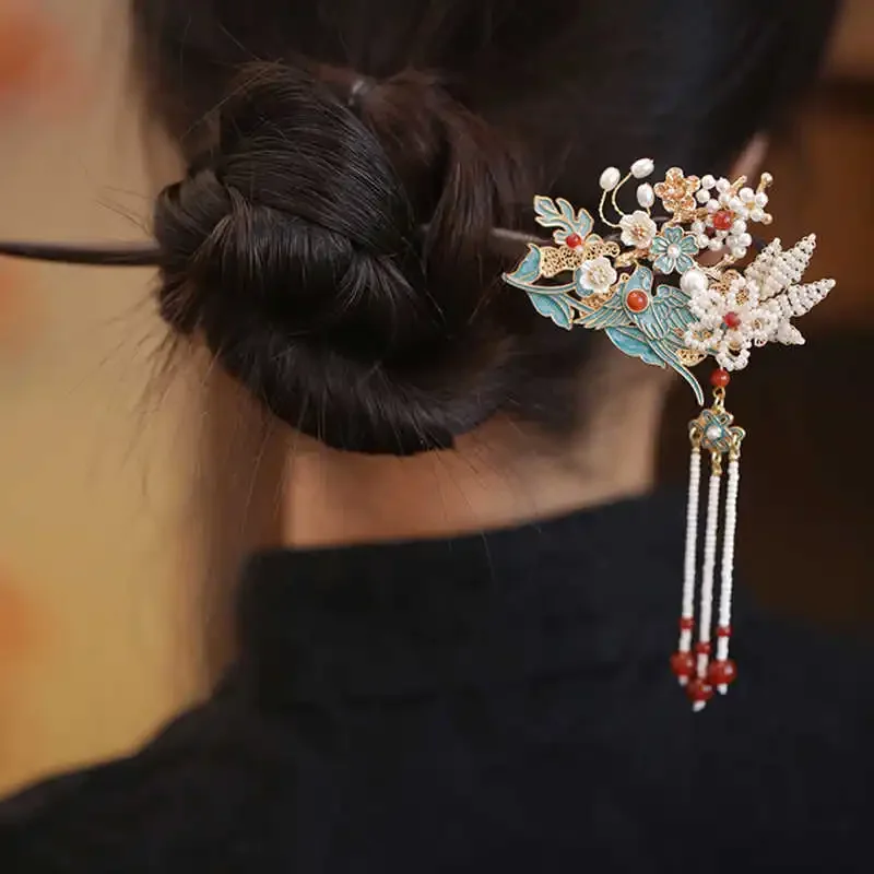 Antique flower hairpin high-end step shake new Chinese style cold Hanfu hair accessories