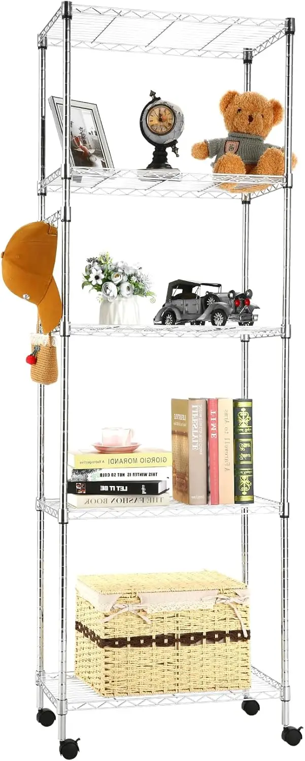 

5-Tier Storage Shelf Wire Shelving Unit on Wheels Heavy Duty Metal Shelves Adjustable Steel Rack Organization