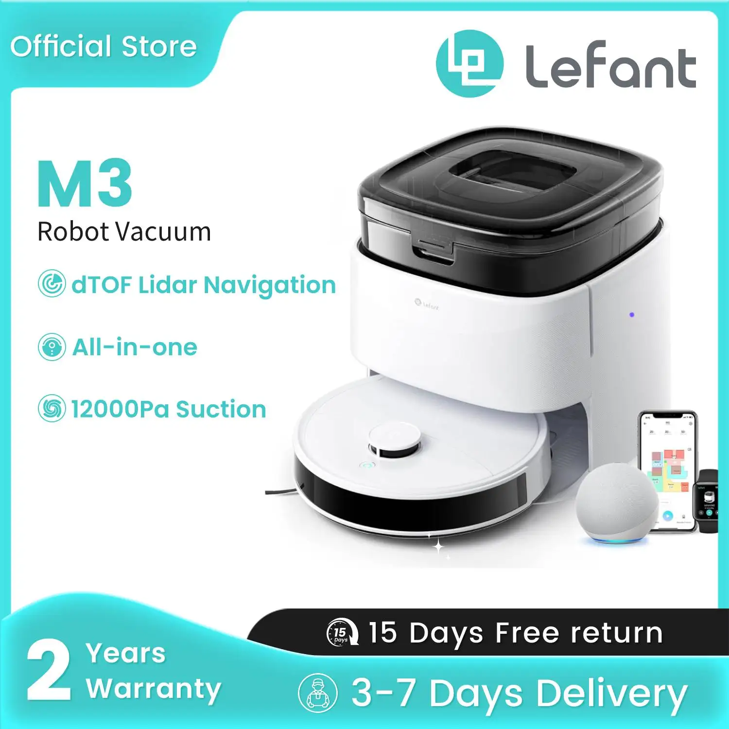 LEFANT M3 Robot Vacuum Cleaner, All-in-one Base Station, Suction 12,000 Pa,DToF Navigation, PSD Obstacle Avoidance Technology