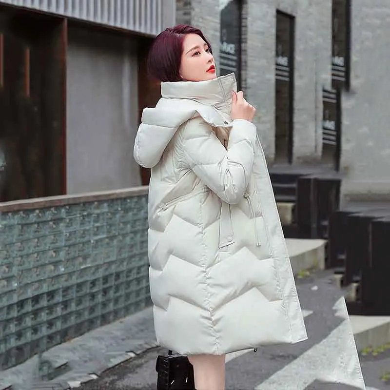 Korean Version Of White Duck Down  Women's  Winter New Fashion Thickened Warm fleece Hooded Mid-length Coat Women's Tide