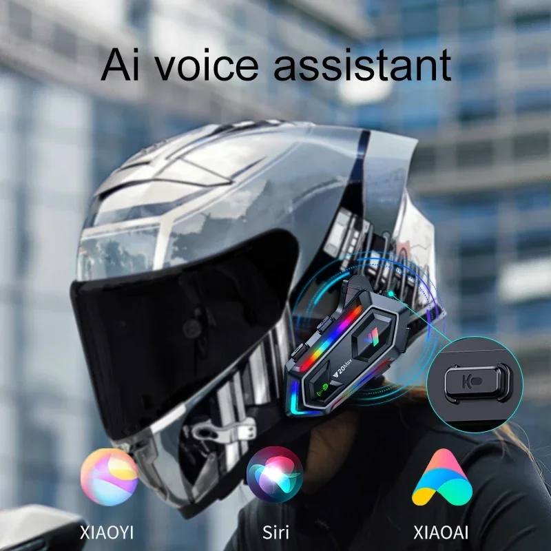 Y20 MAX Motorcycle Helmet Bluetooth Headset Intercom With Mixing V5.3 IPX6 Waterproof RGB Colorful Light Effect 1000mAh Battery image 6