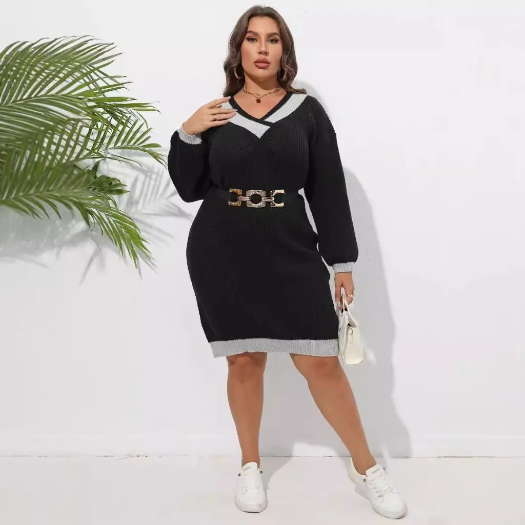 Women's Large Size V-neck Woven Sweater Dress European American Style Contrast Color Stitching Hip Sweater