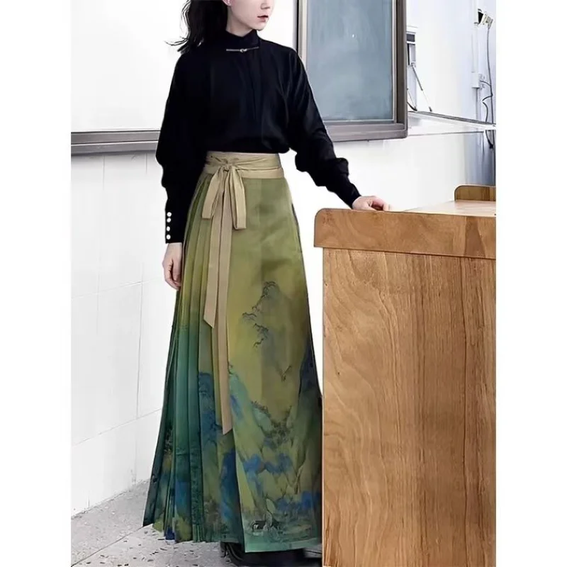 Summer Modern Black Shirt Green Printed Horse Face Skirt 2-piece Female Elegant Traditional Chinese Hanfu Chinese Dress Vestido