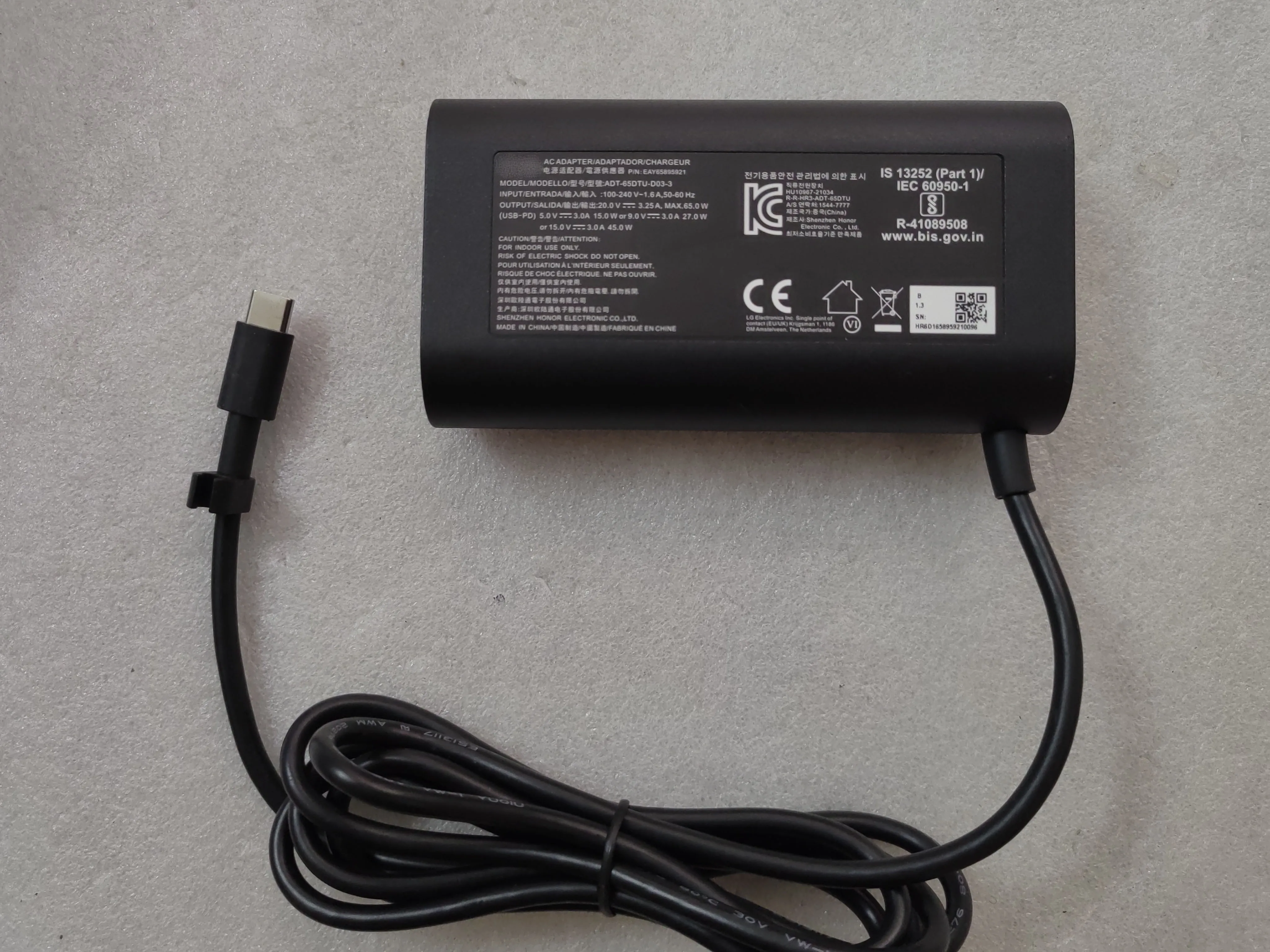 

OEM 20V 3.25A 65W 3pin USB-C AC Adapter ADT-65DTU-D03-3 P/N:EAY65895921 For LG Gram 17 17Z90Q-K.AAC7U1 i7-1260P Notebook