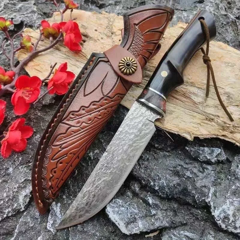 

Дамасское лезвие с ручками из черного дерева, кемпинг, EDC, военные универсальные инструменты, охотничьи ножи Bushcraft, тактический нож для выживания