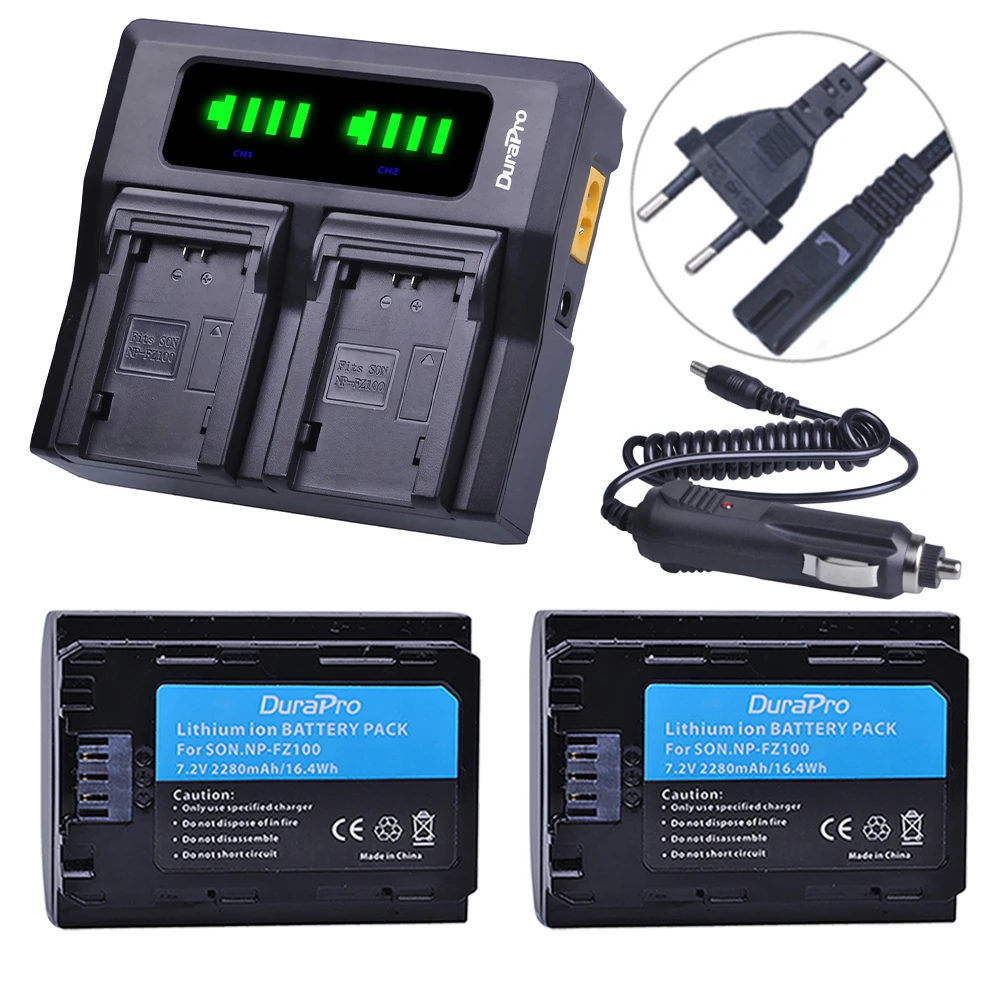 DuraPro 2pcs NP-FZ100 Battery + LED Quick Charger for Sony Alpha 9, A7RIII, ILCE-7RM3,A9R, A9s,A7C,A6600,A6700  Camera