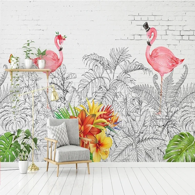 

Custom Photo Wallpaper Nordic Flamingo Tortoise Leaf Plant Wall Cloth Living Room Sofa Background Wall Covering Mural Painting