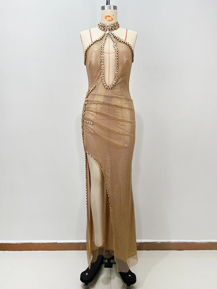 섹시한 골드 스팽글 이브닝 드레스 여성용 반짝이는 컷아웃 백리스 홀터넥 칵테일 파티 가운 하이 슬릿 바디콘 드레스