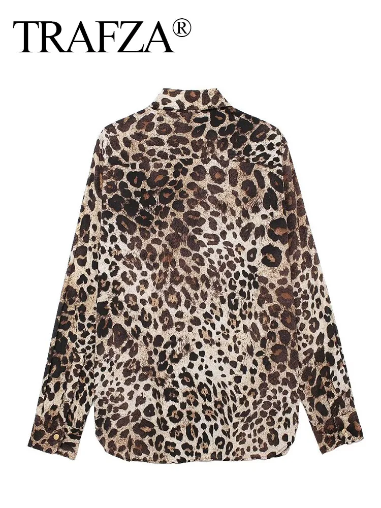 TRAFZA-camisa Vintage con estampado de leopardo para Mujer, Top de manga larga con cuello vuelto, elegante, de un solo pecho, de verano