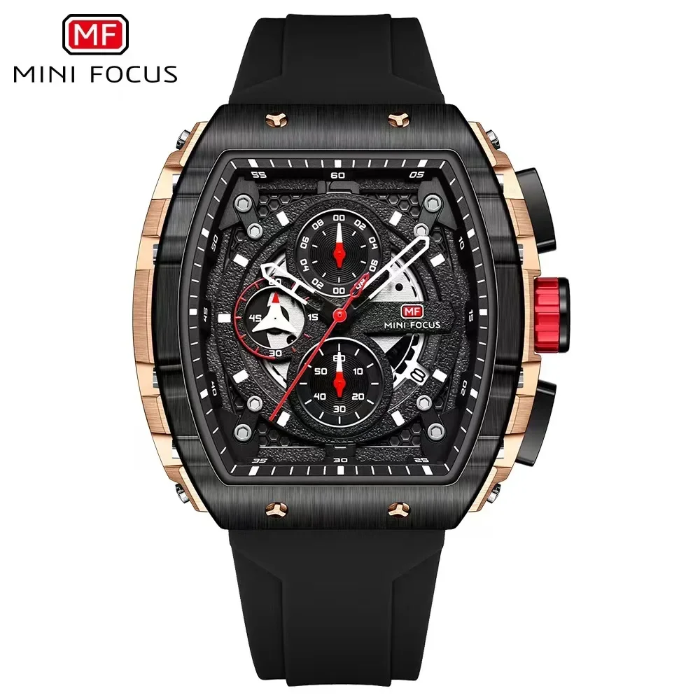 MINI FOCUS-reloj de cuarzo con correa de silicona para hombre, cronógrafo de pulsera con esfera Tonneau, militar, deportivo, juvenil, 0399G