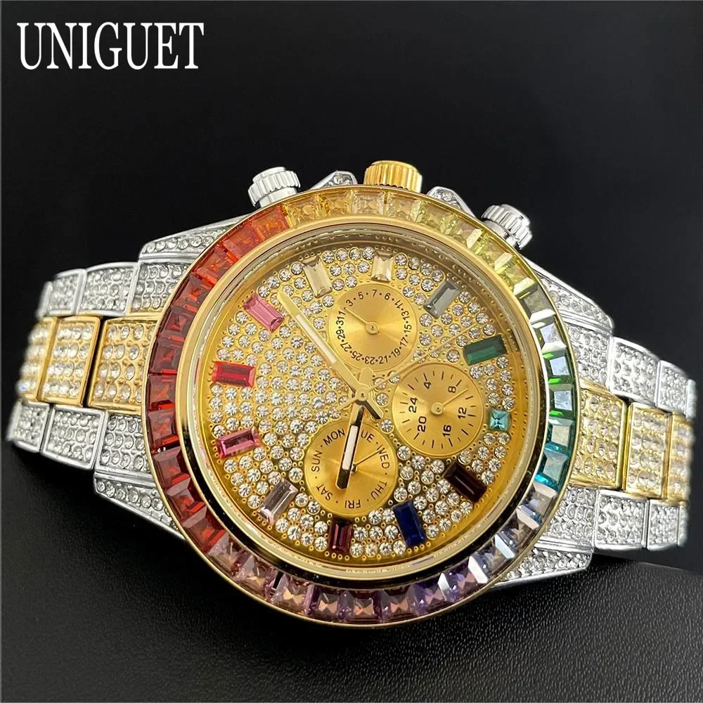 Hot Fashion Green Watches Men Brand UNIGUET Luxury Stainless Steel Hip Hop Rainbow Diamond Quartz Wristwatch Male Dropshipping ﻿