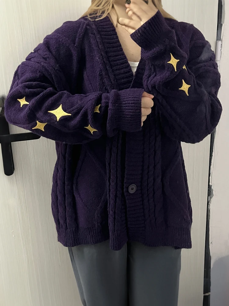 Speak Now Cardigan with Star Embroidery Button Up Chunky Knit Purple Sweater TV Album TS Fall Winter Concert Eras Tour Outfit