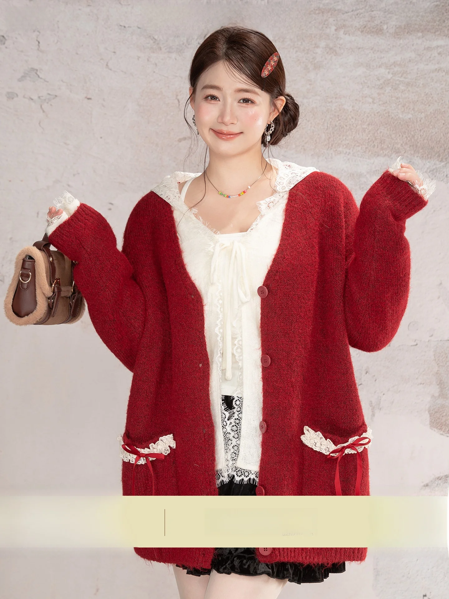

Heynew Red V-neck Lace Trim Sweater Coat Loose plus Size Women's Winter Top Sweet Style Long Sleeve Regular Length Button Clo...