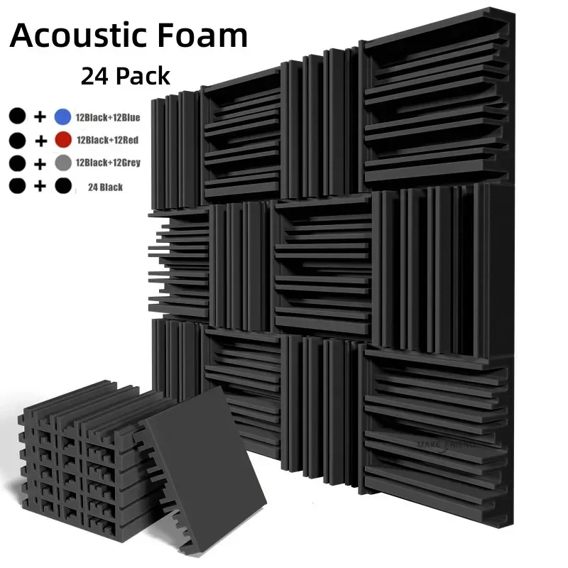 Make Friend 24Pcs 25x25x5cm Studio Acoustic Foam Sound Absorbing Noise Insulation Foam Soundproof Treatment Panels 12Black12Grey