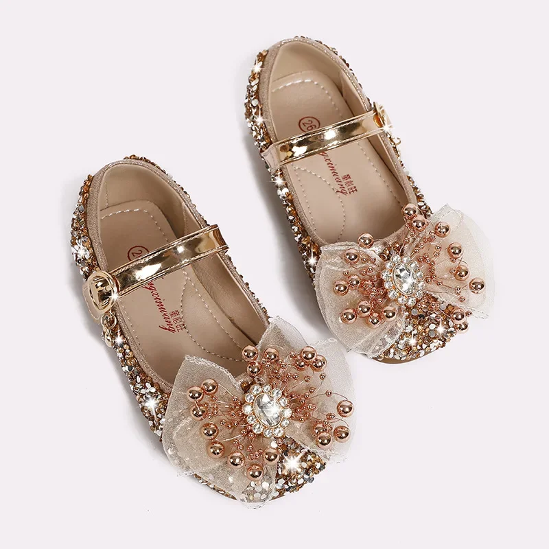 

2025 Autumn New Children's Shoes Fashion Sequin Bow Decor Girl Crystal Princess Leather Shoes Soft Sole Baby Kid's Casual Flats