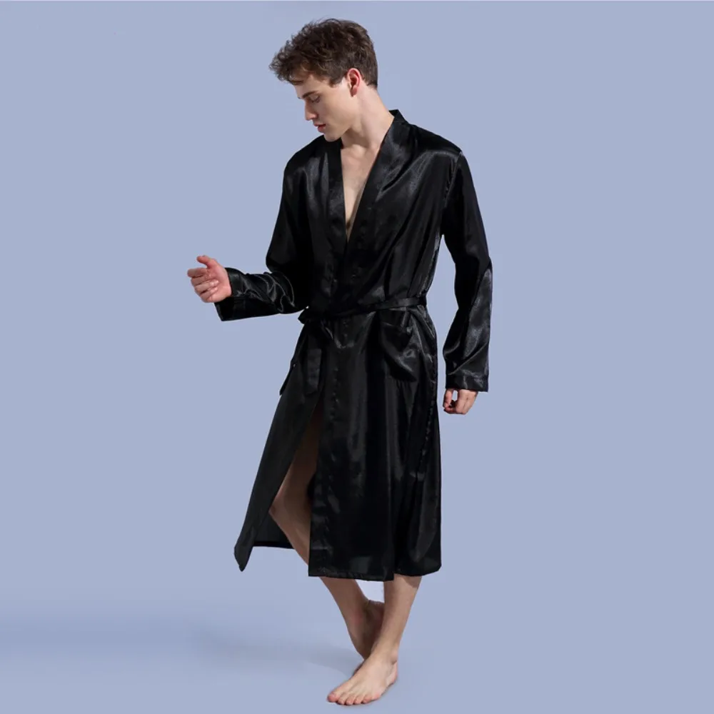 

Men's Solid Color Robe Thin Cardigan Nightgown Loose Large Size Long Sleeve Spring and Autumn Glossy Tep Bathrobe