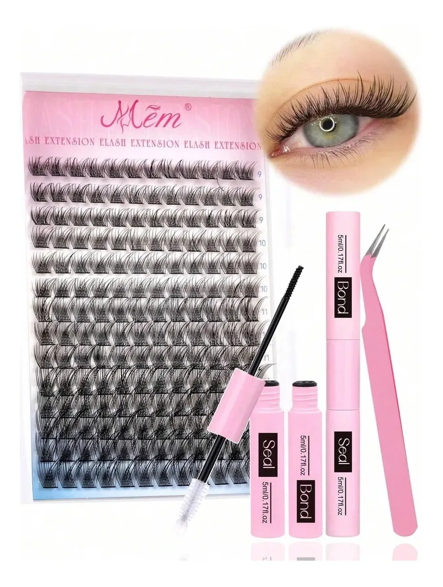 168-teiliges D-Curl Natürliche Wimpernverlängerungs-Set 9-12MM, Cluster-Wimpern mit Kleber, Versiegelungsmittel & Pinzette, DIY für Zuhause