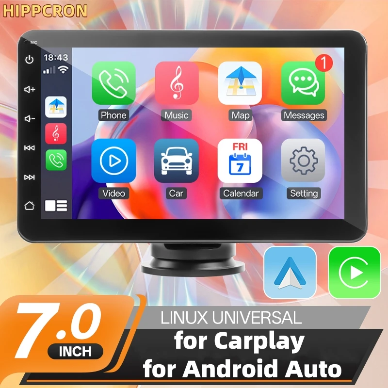 HIPPCRON 7 Inch Car Multimedia Player HD Display for CarPlay Android Auto Car Radio Portable Touch Screen Wireless With Camera