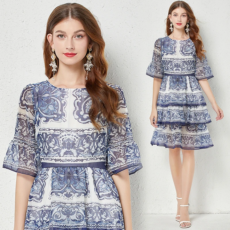 

European and American high-end blue and white porcelain print bell sleeves 3 layer cake dress OS503088